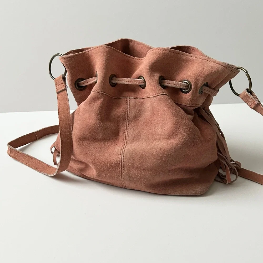 Fringe Suede Crossbody Bag 100% Cow Leather Dusty Pink Mauve Small Tassel Boho